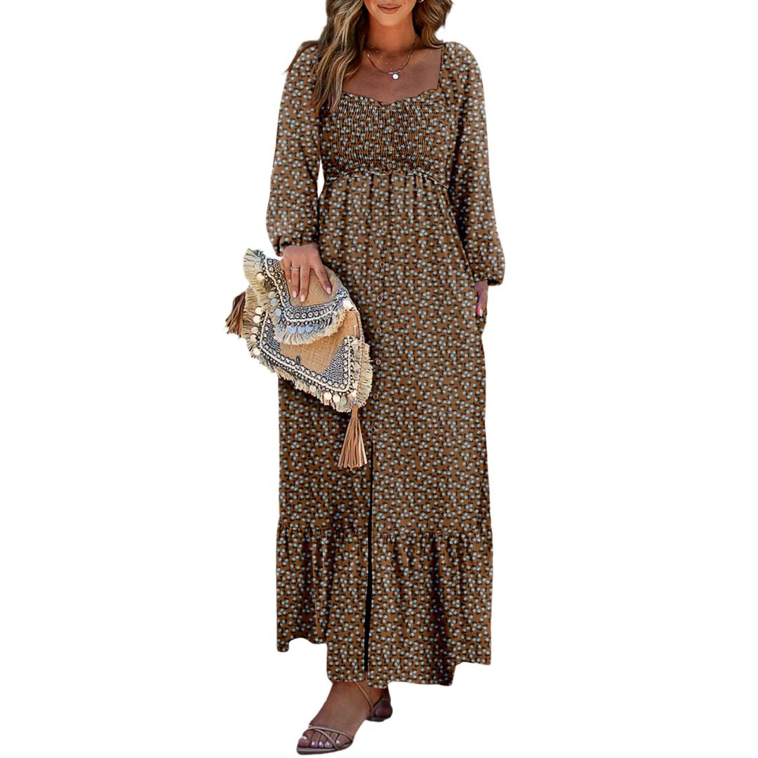 DOKOTOO Women's Boho Floral Smocked Empire Waist Square Neck Long Sleeve Button Beach Maxi Dress Sundress Brown Viscose