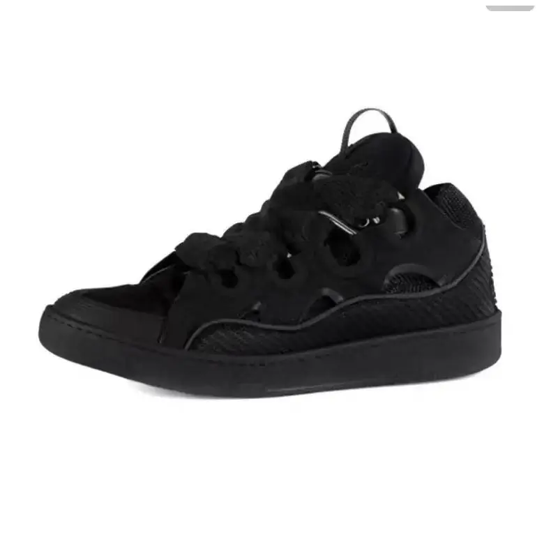 Women's Goth Style Chunky Platform Shoes, Monochrome All Black Design, Textured Fuzzy Laces, Comfortable Cushioned Insole, 2025 Fashion Sneakers all black chunky sneakers fuzzy wide lace platform sneakers, black thick lace shoes Casual Footwear