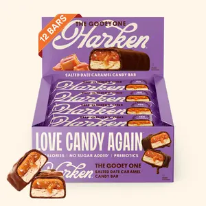 HARKEN, The Gooey One (12-Pack) – Fibermaxx Candy Bar, Oat Milk Chocolate  & Salted Caramel Candy Bar, 14g Fiber, No Sugar Added, Made with Dates, 150 Calories per Bar, High Fiber Snack, Vegan, Plant-Based, Gluten Free, Fair-Trade Cocoa, Lower Cal Dessert
