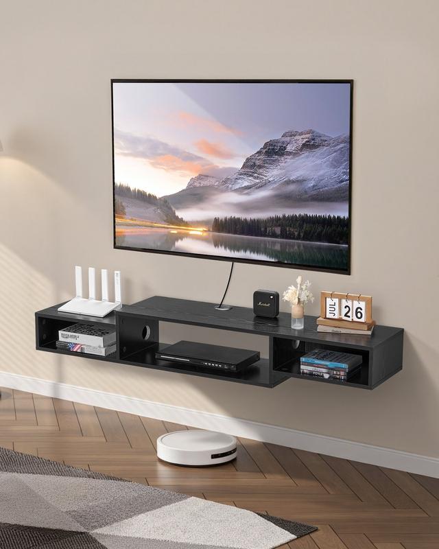 Floating TV Stand And 59-Inch Wall Mount Entertainment Center With Power Outlet And Cable Hole, Modern Floating TV Shelf With Built-In Storage Cabinet For DVD Player, Cable Box, Game Console, AV Equipment, Black