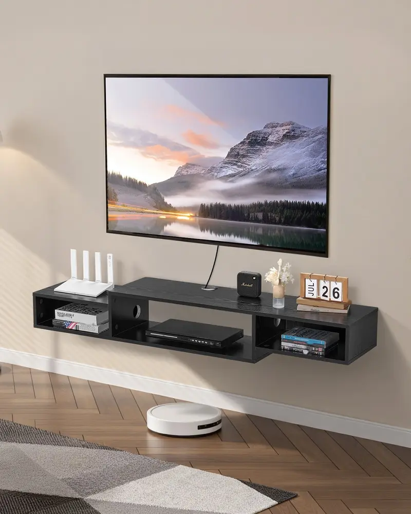 Floating TV Stand And 59-Inch Wall Mount Entertainment Center With Power Outlet And Cable Hole, Modern Floating TV Shelf With Built-In Storage Cabinet For DVD Player, Cable Box, Game Console, AV Equipment, Black