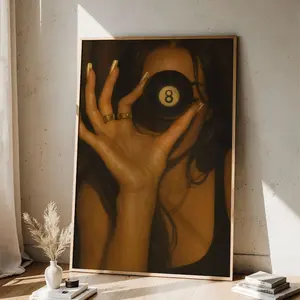 Retro 8 Ball Wall Art Poster, Moody Y2K Print with Woman Holding Lucky 8 Ball, Dark Aesthetic Apartment or Office Decor, Gift Home Decor