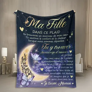 To My Daughter Ma Fille French Inspirational Gift Soft Cozy Flannel Blanket Glowing Moon Butterfly Starry Sky Print Plush Throw Warm Fuzzy Bedroom Sofa Blanket Perfect Birthday Graduation Holiday Gift for Daughter from Mom Home Decor