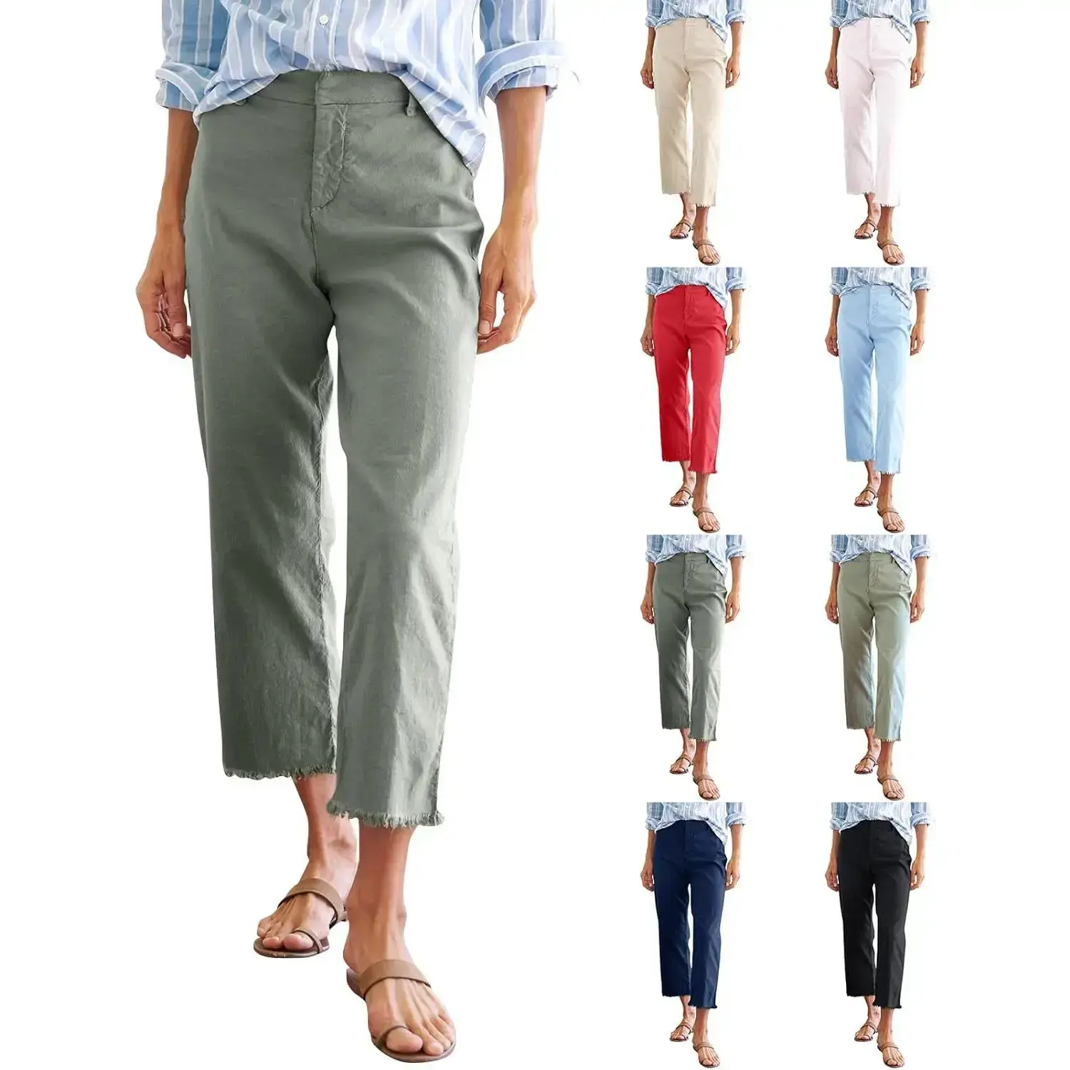 Women’s High-Waist Linen Wide-Leg Capri Pants - Basic Cropped Raw Hem Ankle-Length Bottoms with Seam Pockets, Machine Washable for Business Casual & Outdoor Activities