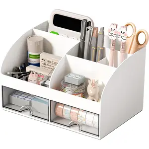 Desk Organizer with 6 Compartments and 2 Drawers, Plastic Makeup Organizer, Pen Holder for Desktop Storage, Desk Organization for School, , Office Supplies (White)