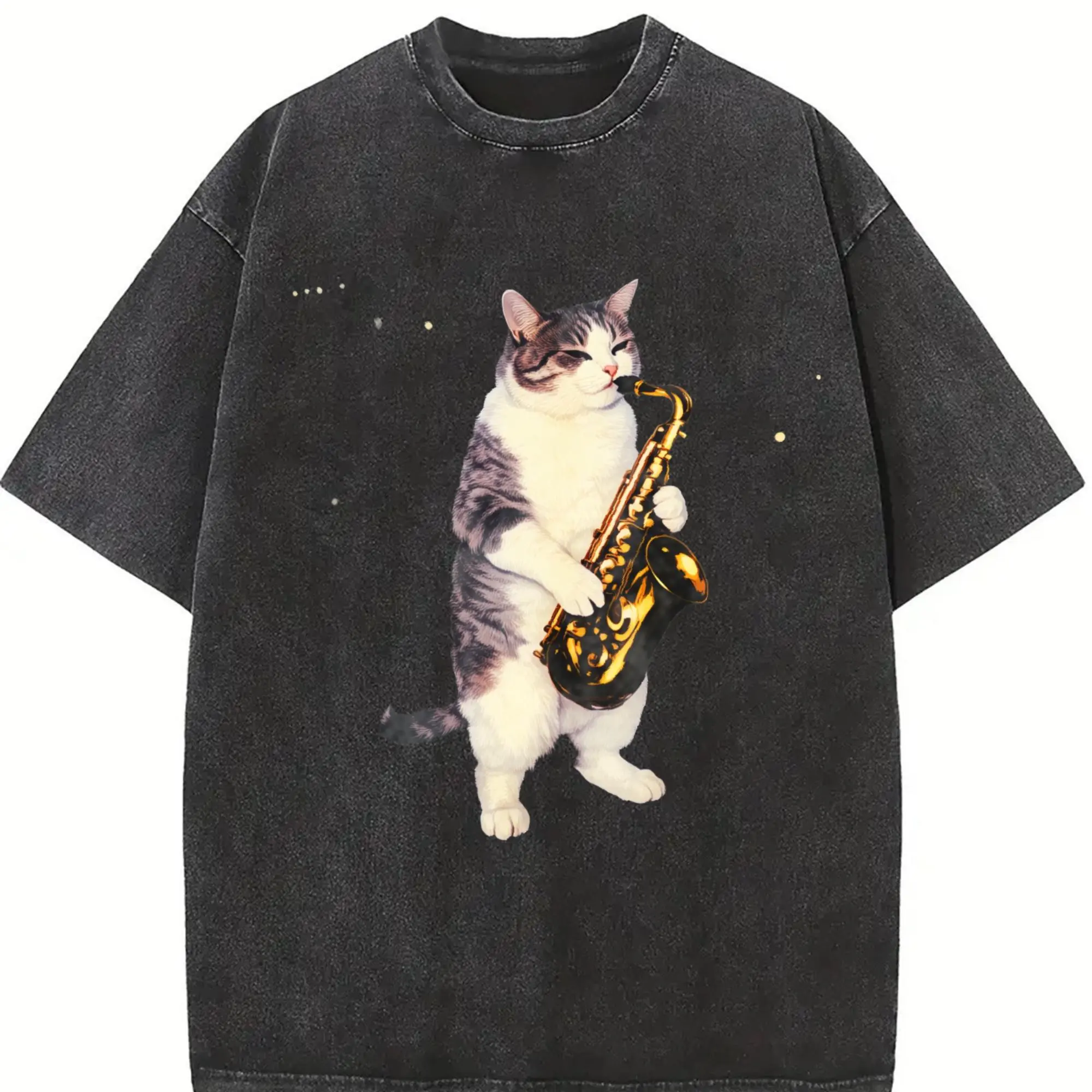 Saxophone Cat Vintage Graphic T Shirt, Retro Funny Jazz Music Cats Graphic Tee, Kitten Sax Gift