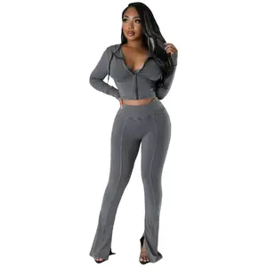 Acid Washed flare pants hoodie set  Cropped Top and  Flared Bottom comfort  Womenswear Cotton Zipper two-piece set matching sets