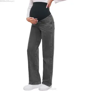Women's Maternity Jeans Straight Leg Relaxed Fit Over Belly Pregnancy Denim Work Pants Maternity Clothes with PocketsRogueSociety20DD20BarkBouquet