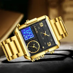 LIGE Unique Square Dial Design Casual Fashion Men's Watch with Digital Analog Display Waterproof and Active Luminous