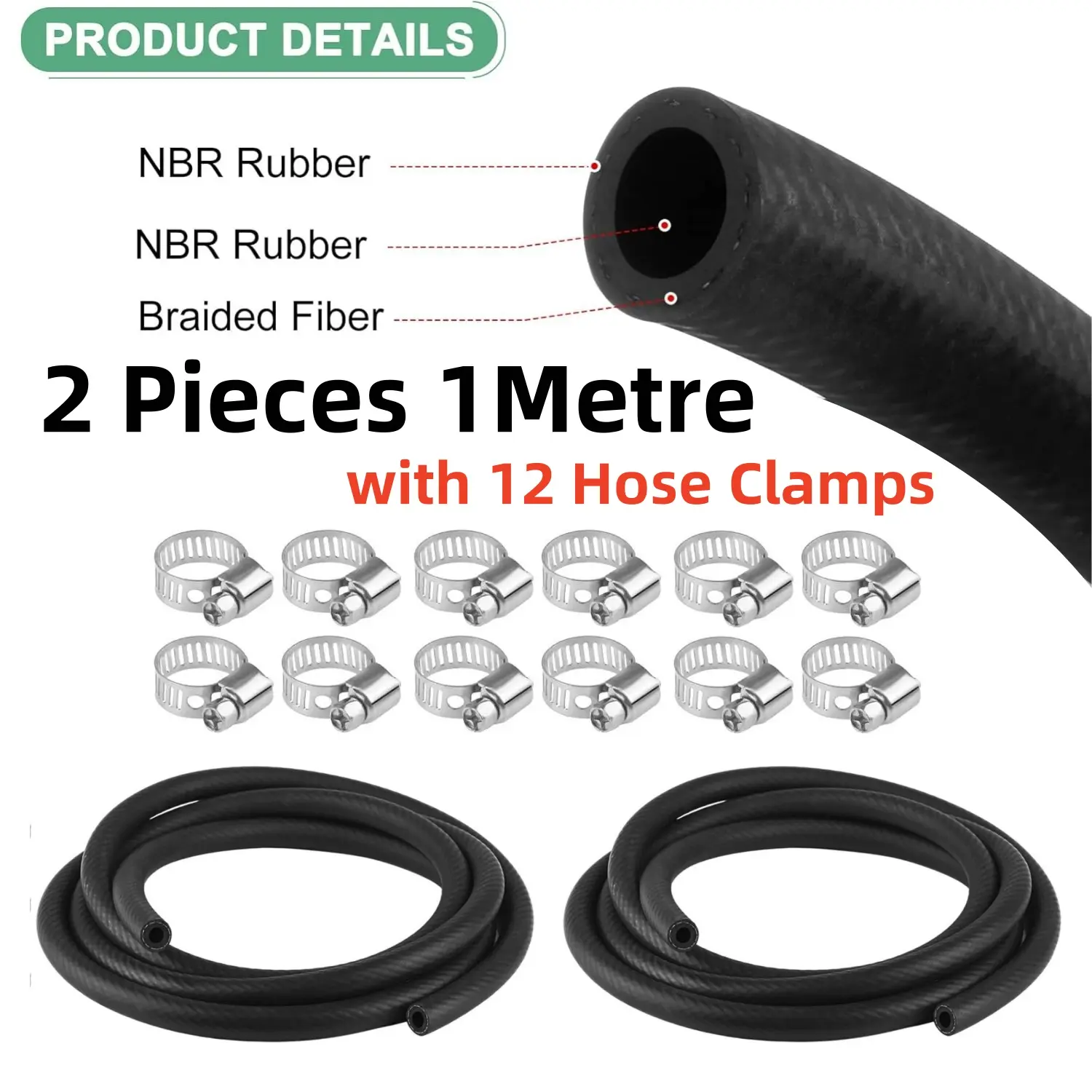 2 Pcs 1Metre Car Fuel Hose with 12 Hose Clamps - 6 mm Inner Diameter Durable Rubber for Gasoline & Diesel Transfer, Ideal for Automotive Systems, Fuel Pipe, Fuel Line Hose