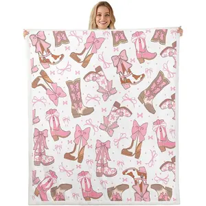 Pink Western Sherpa Blanket Cowgirl Cowboy Boots Fleece Throw Blanket for Bed Sofa Couch Kids Boys Room Decor Cute Bowknot Dreamy Princess Style Plush Blanket Baby Girly Fuzzy Blanket