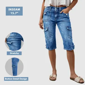 Flamingals Wash Flap Pocket Mid Rise Denim Bermuda Shorts Stretchy 15.7'' Inseam