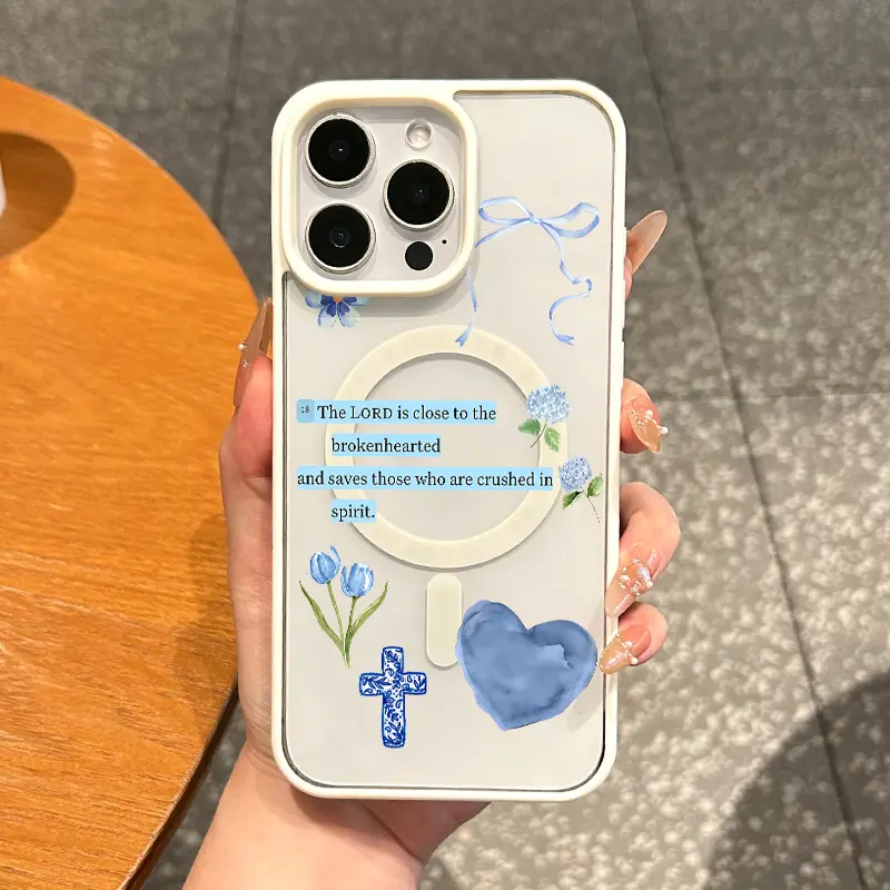 MagSafe-Ready Magnetic Smartphone Casing Cover for iPhone 11/12/13/14/15/16 & ProMax, Aesthetic Blue Flowers-Ribbon-Heart-Cross Design, TPU Shockproof Anti-Fall Protection, Ultra-Thin, Waterproof Phone Accessory for Everyday Use
