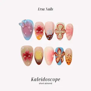 ErsaNails KALEIDOSCOPE - Short Almond 10 PCS Handmade Press On Nails | 3D Flower, Mermaid, French Tip & Aura