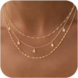 Women's Gold Layered Alloy Assorted Set Necklace - Adjustable Choker, Dainty Necklaces, Casual & Chic Style, Crystal Layered, Non-Tarnish Cubic Zirconia Long Pendant, Daily Fashion Costume Accessories, Casual Style Necklaces