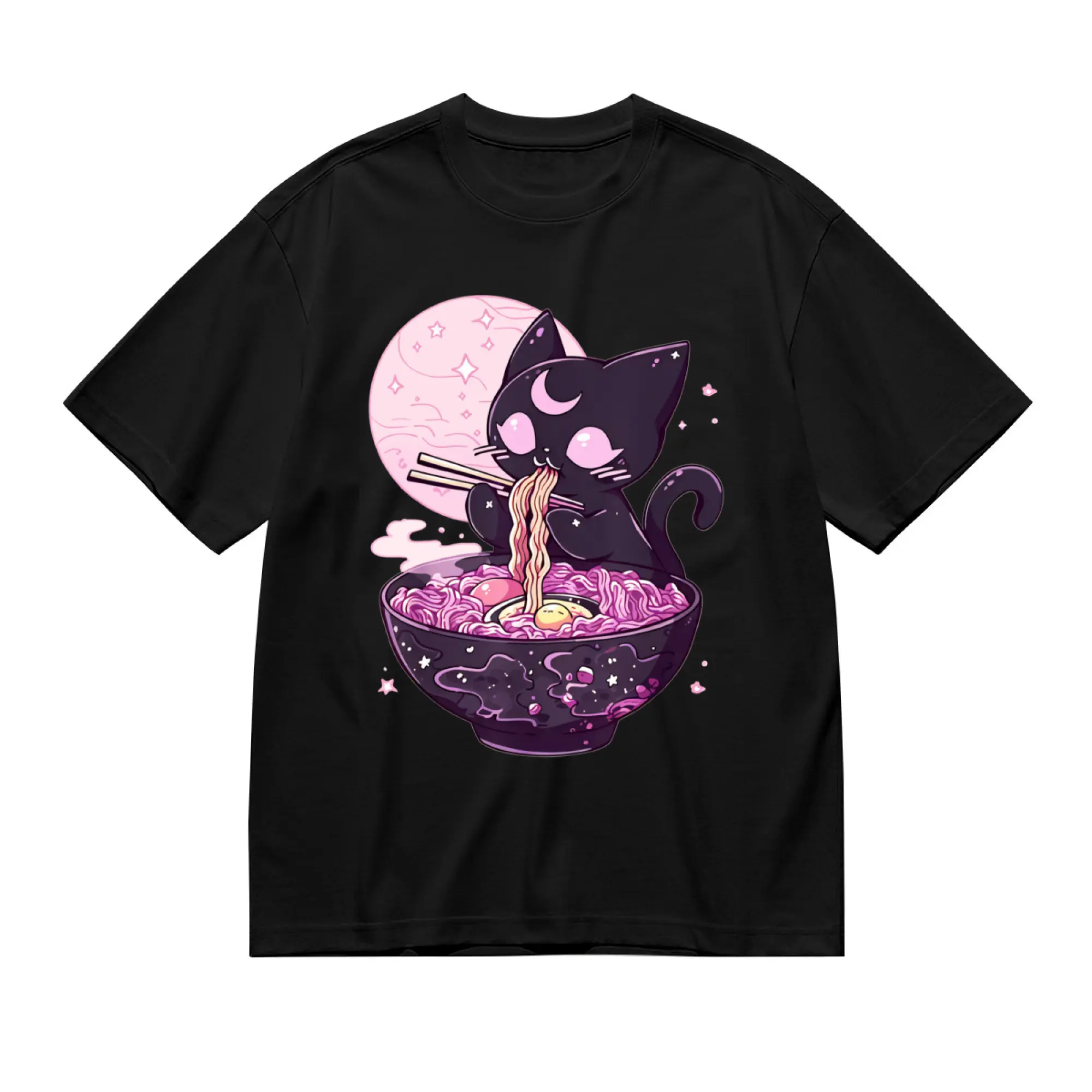 Men's Cotton Casual Round Neck Shortsleeve Gothic Anime Cat Ramen T-Shirt - Whimsical Moon & Stars Print Top, Anime Fan Apparel, All-Season Wear, Vibrant Print Quality