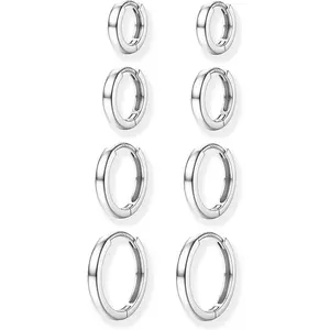 Simple 4 Pairs Silvery Golden Round Hoop Earrings Set for Women Men Classic Diverse Sizes Ear Hoops Copper 925 Sterling Silver Post Small Huggie Chunky Earrings for Multiple Piercing Cartilage Hoop Earrings Stack Jewelry Set