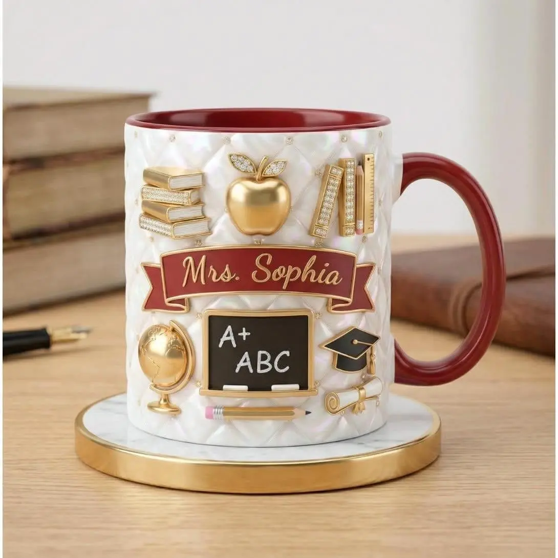 Personalized Teacher Faux 3D Mug, Gift For Teacher, Teaching Lover Mug, Back To School Gift For Teacher, 2D Flat Print Ceramic Cup