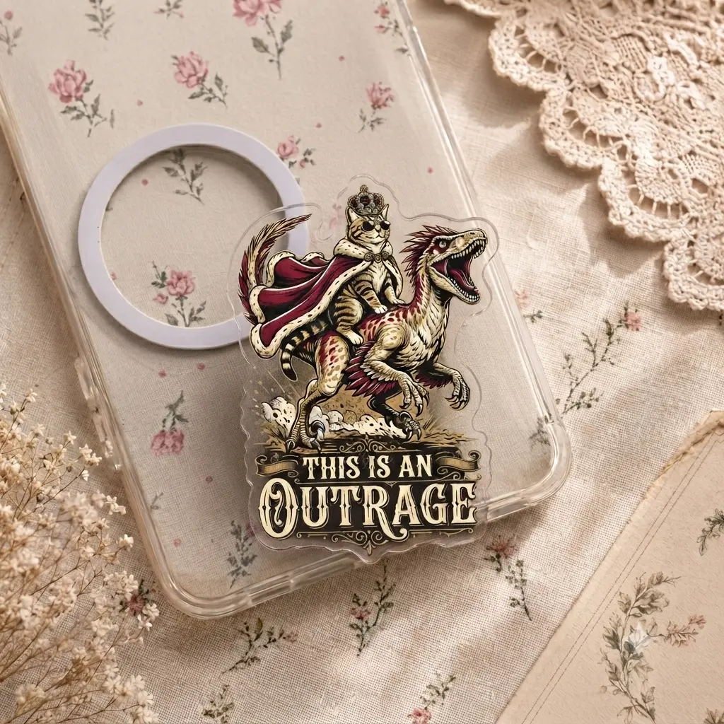 Funny Crown Cat Riding Dinosaur and Quote Acrylic Phone Grip - Aesthetic Meme Style Griptok