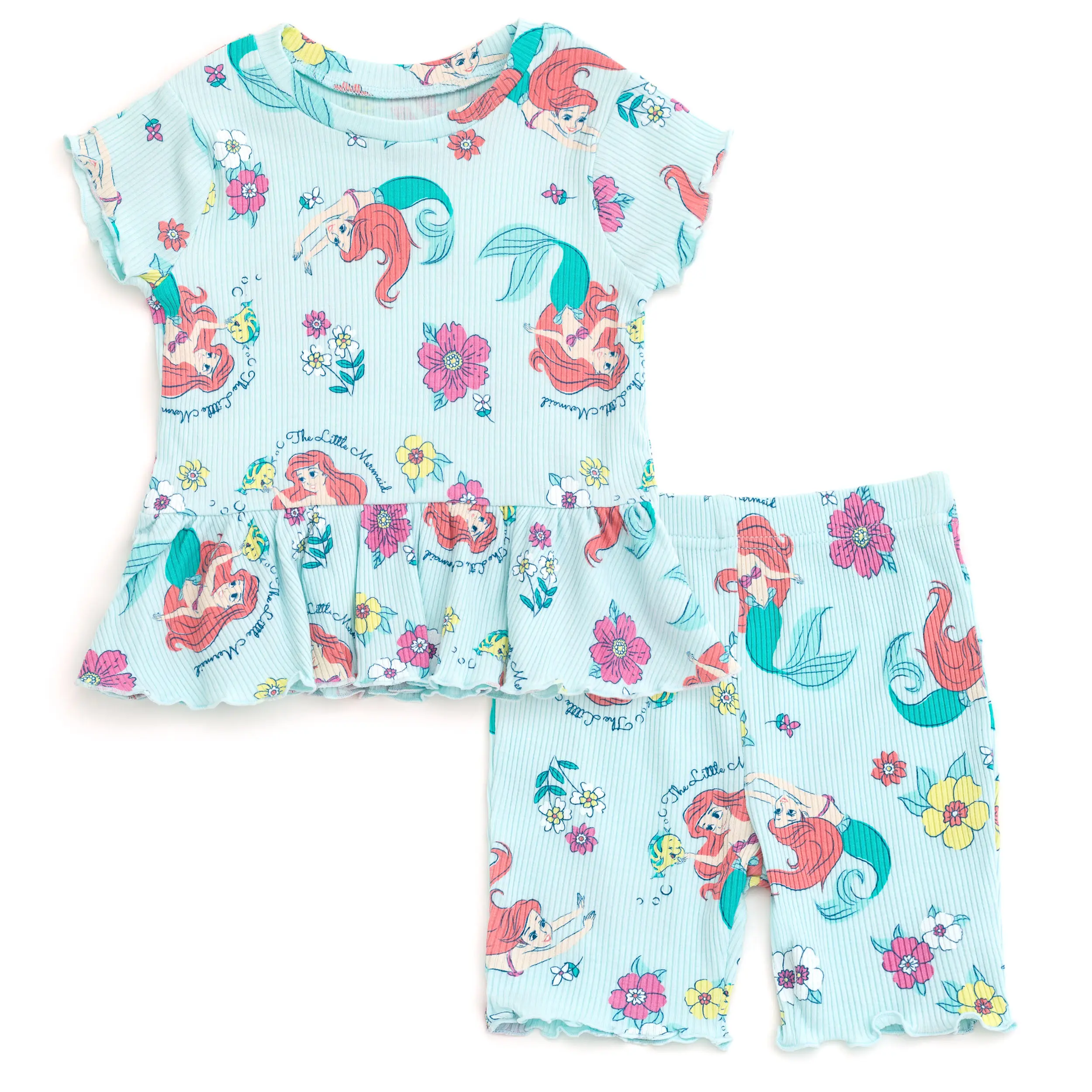 Disney The Little Mermaid Princess Ariel Girls' 2-Piece Ribbed Short Sleeve Printed Tee and Shorts Outfit Light Blue Toddler to Little Kid, Peplum Top, Elastic Stretch, 3 - 4 Years, All Over Print, Casual, 3T, 2T, Machine Washable, Premium Ribbed Knit, Pu
