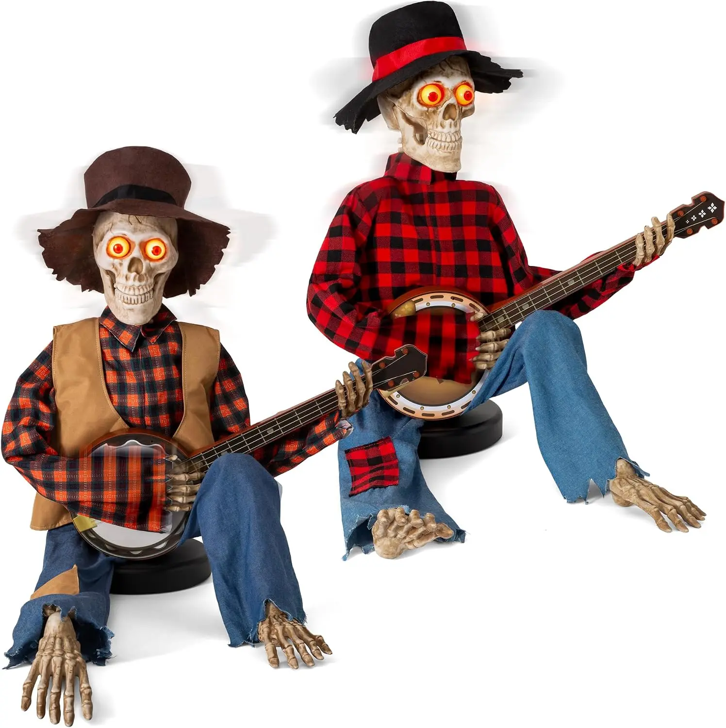 Halloween Animatronics Banjo Skeletons Duo Decorations, Animated Skull with Sound Activated Funny Voice Light Up Eyes, Playing Musical Plug-in Powered Halloween Prop Decor for Indoor Outdoor Yard Lawn