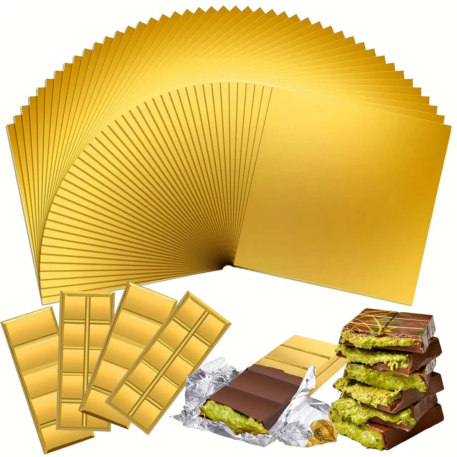 50pcs Golden Chocolate Bar Wrappers, Golden Foil Sheets Wrapping for Pistachio Chocolate Packaging, Candy Bars, Birthday and Christmas Party Gifts