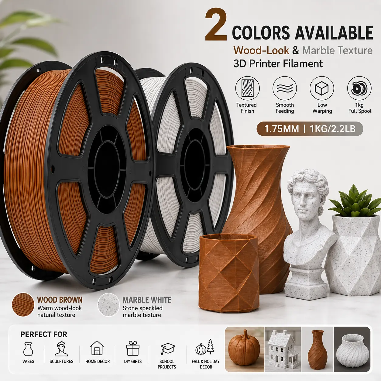Wood Brown & Marble White PLA Filament 1.75mm, 1kg/2.2lb 3D Printer Filament Spool, Wood-Look & Stone Texture, Smooth Feeding, Low Warping, Fits Most FDM Printers, Vase, Sculpture, Fall Decor, Halloween DIY, Holiday Gifts