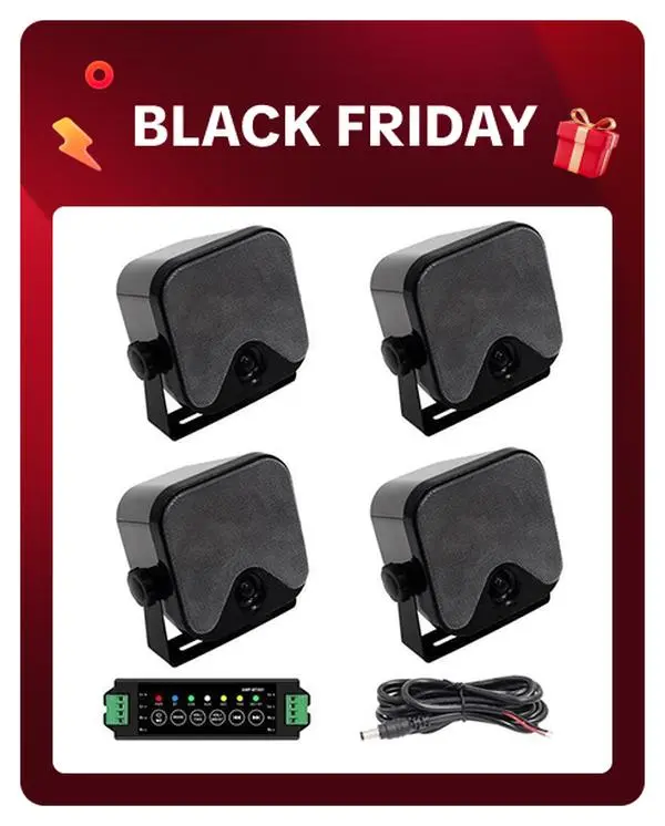 Herdio 4-in-1 Wireless Water Resistant Outdoor Stereo Speakers (4 Speakers), 240W Bluetooth Amplifier, Handlebar & Surface-Mount, Cord-Free, Power Cord x 1, Compatible with Smartphones/Tablets (Black/White) for Golf Carts, RVs, Audios