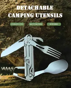 6 in 1 Detachable Camping Utensils Flatware Set, Multifunction Travel Pocket Cutlery Folding Spoon, Fork, Knife, Wine Bottle Can Opener Portable Combo Set Stainless Steel