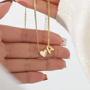 3D Personalized Bubble Letter Necklace Customize Initial Heart 18k Gold Plated Jewelry  Mother's Day Gift For Women 18 Inch Mini Cuban Chain Gold Pendant
