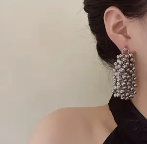 Stainless Steel Silver Grape Bead Tassel Earrings, Minimalist Statement Drop Earrings, Hypoallergenic Party Jewelry for Women