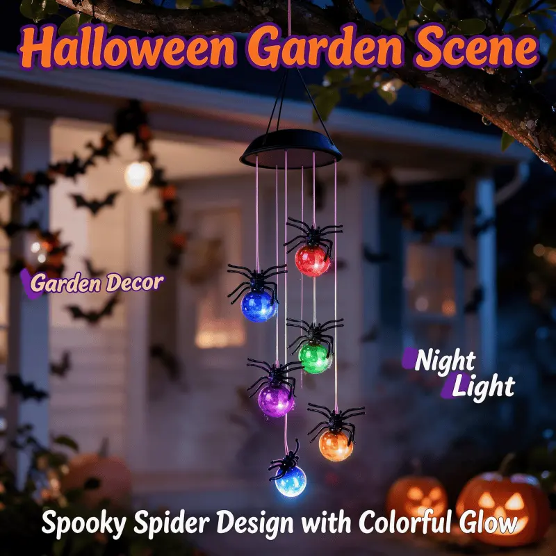 greenlume Halloween Spider Wind Chimes, Solar Color-changing Hanging Lights, Auto On/off, IP55 Rated, Suitable For Courtyards, Corridors, Balconies, Gardens And More. Great Gifts For Family, Ideal For Halloween, Easter And New Year.