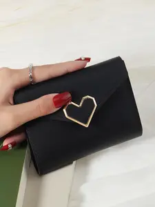 Women's 1 Piece Heart Decor Bifold Durable Wallet, Fashionable Multiple Card Slots PU Leather Purse for Outdoor, Travel, School