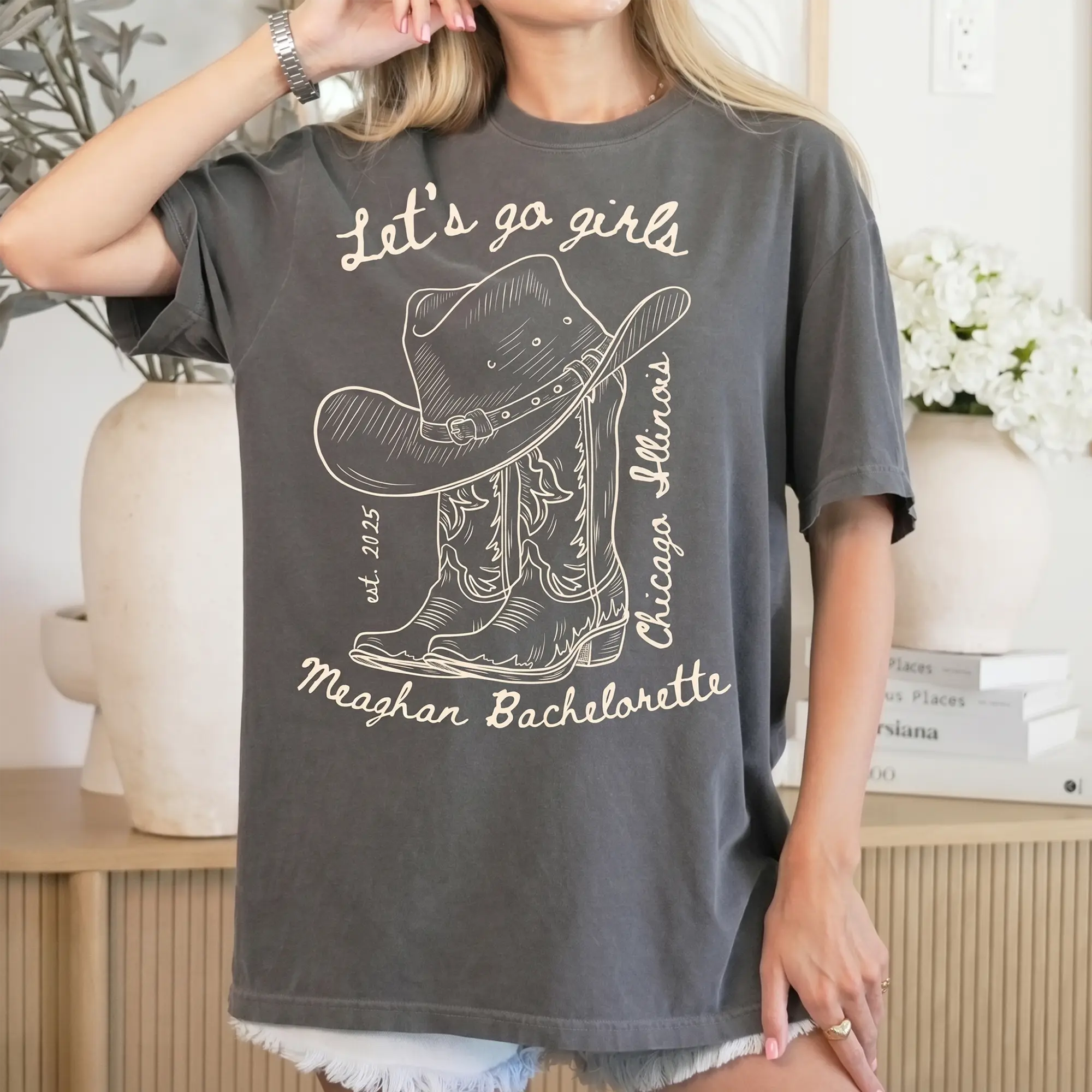 BojjiCo Personalized Let's Go Girls T-Shirt Custom Bachelorette Matching Shirt for Women and Bridal Party Western Country Nashville Aesthetic Ivory Cotton Top Cowgirl Bride Tee Personalized Nashville Bach T-Shirts Country Bridal Squad Womenswear Tshirt