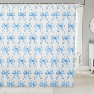 Blue Bow Shower Curtain Cute Bowknot Bath Curtain Boys Girls Kawaii Bathroom Shower Curtain Set for Kids Women Men Bow and Stripes Kids Bathroom Accessories