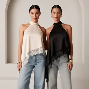 Women's Satin Halter Top, Asymmetrical Hem with Lace Trim, Elegant Sleeveless Blouse for Daily & Evening Outfit Wear