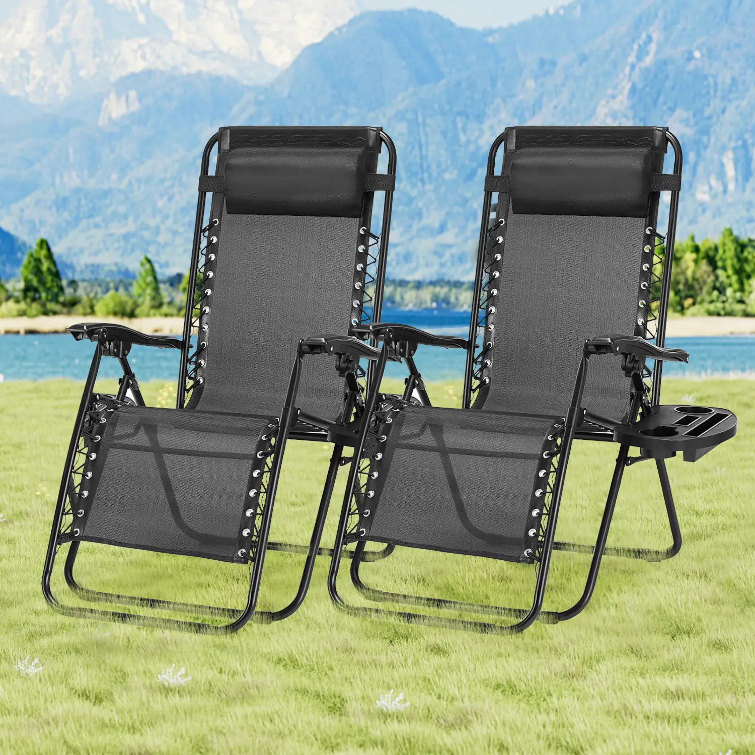 DEAL Set of 2 Zero Gravity Chairs with Cup Holder Trays Portable Recliner Beach Camping Patio Outdoor Folding Lounge Chairs for Poolside Backyard