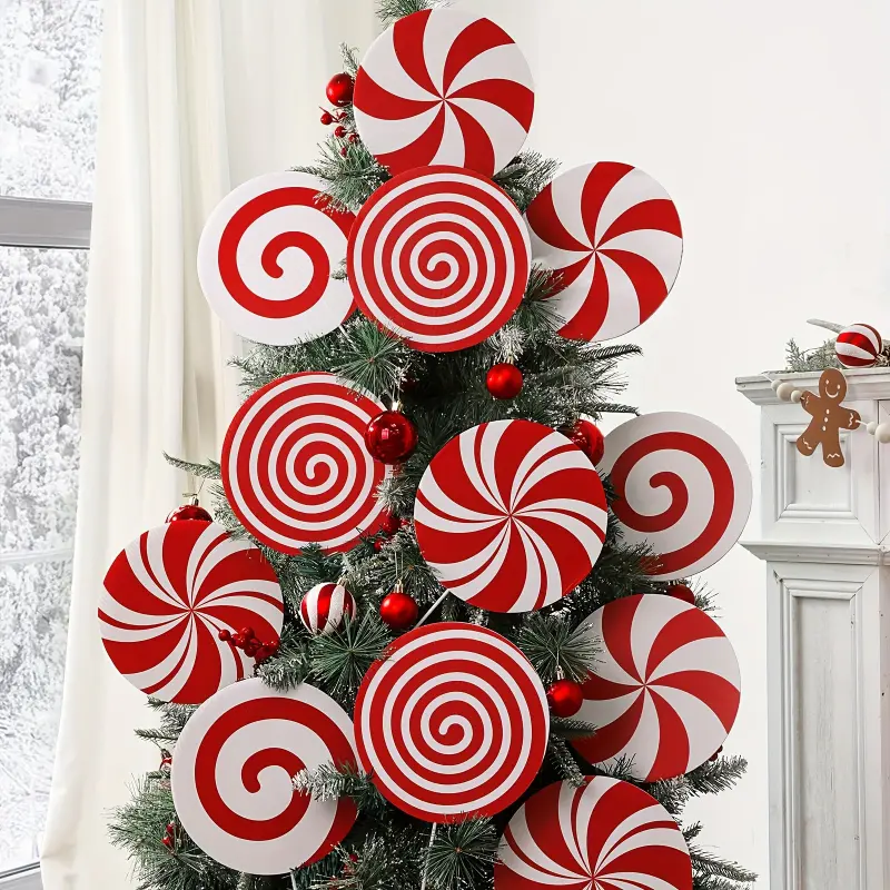 8pcs Plastic Christmas Tree Topper & Ornaments Set - Large Red and White Candy Canes, Peppermint Sticks, Indoor Holiday Home Decoration, No Electricity or Feathers Required