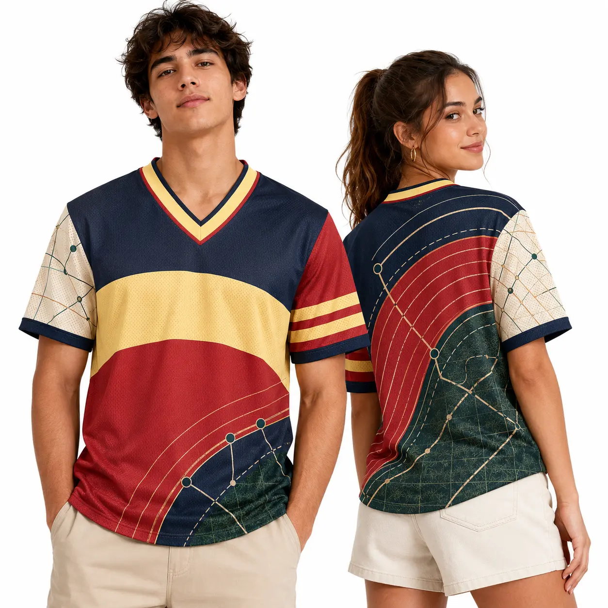Men’s Retro Campus V-Neck Colorblock Graphic Sports T-Shirt - Short-Sleeve Varsity Casual Top for Back to School Haul, Sporty Chic
