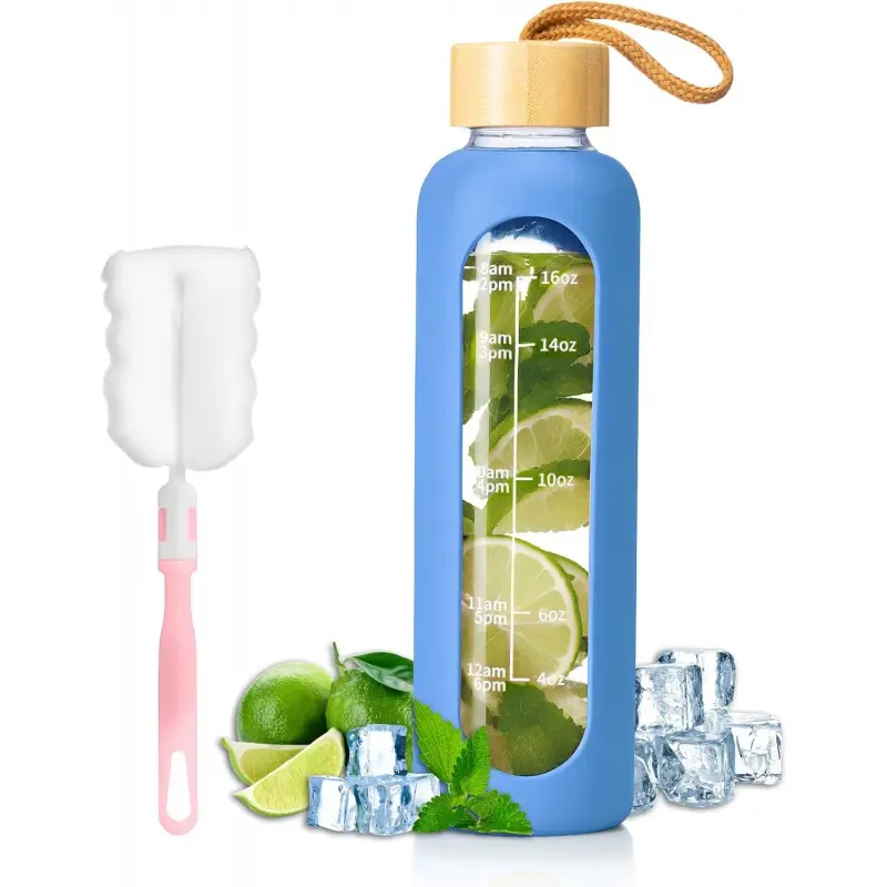 18 OZ Glass Water Bottles, Water Bottle with Time Marker, Leakproof Glass Water Bottles with Silicone Sleeves, Suitable for Offices and Gyms.(blue)-L