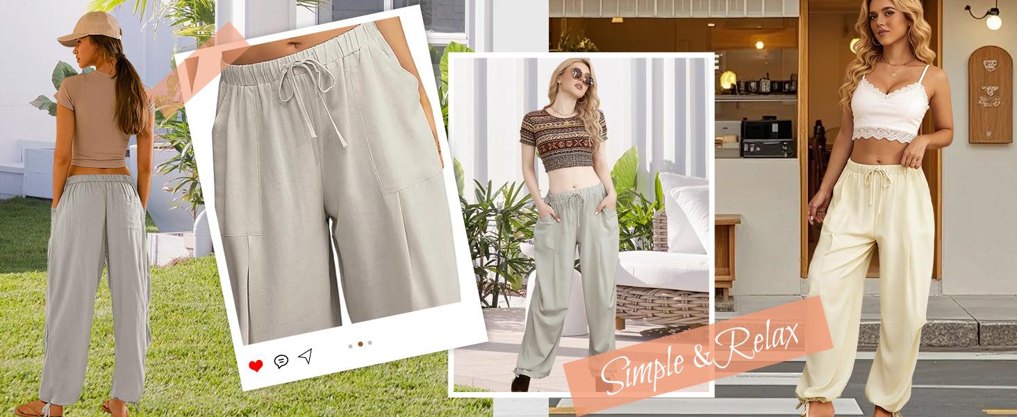 Women's Linen Balloon Barrel Beach Sport Pants Boho Harem Flowy Drawstring Casual Loose Pants with Pockets gym fits baggy Summer Wide Leg Basic Lightweight Bottom Love