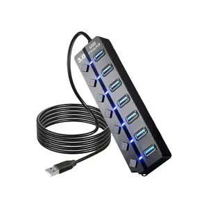 1 Premium 3.0 HUB with 7 Ports, 4 USB Ports with Independent Switch and LED Light, Portable Laptop Compatible with MacBook and More