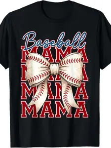 's Baseball Mama T-Shirt with Bow & Baseball Stitch Design - 100% Soft Round Neck Short Sleeve Tee, Retro Casual Fit for Game Day Outfits, Mother's Day Gifts, Christmas, Birthdays - Funny Mom Apparel (Black/Red)