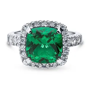 BERRICLE Sterling Silver Halo Statement Cocktail Ring for Women, Green Cushion Cut Cubic Zirconia CZ