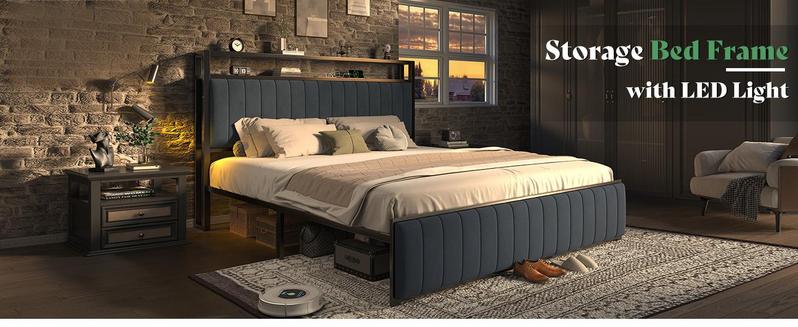 [Black Bed WITHOUT Foldable Ottoman] AMERLIFE TWO Different Bed Frames, Metal Bed with Foldable Ottoman, Velvet Upholstered Headboard/Metal Bed with PU Leather Headboard/ Both Including LED Lights, Charging Station,Storage Shelves/Christmas Gifts