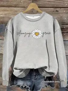 Women's Casual Daisy Print Floral Pullover Sweater, Soft Long Sleeve Round Neck Sweatshirt, Comfortable Daily Wear, Womenswear