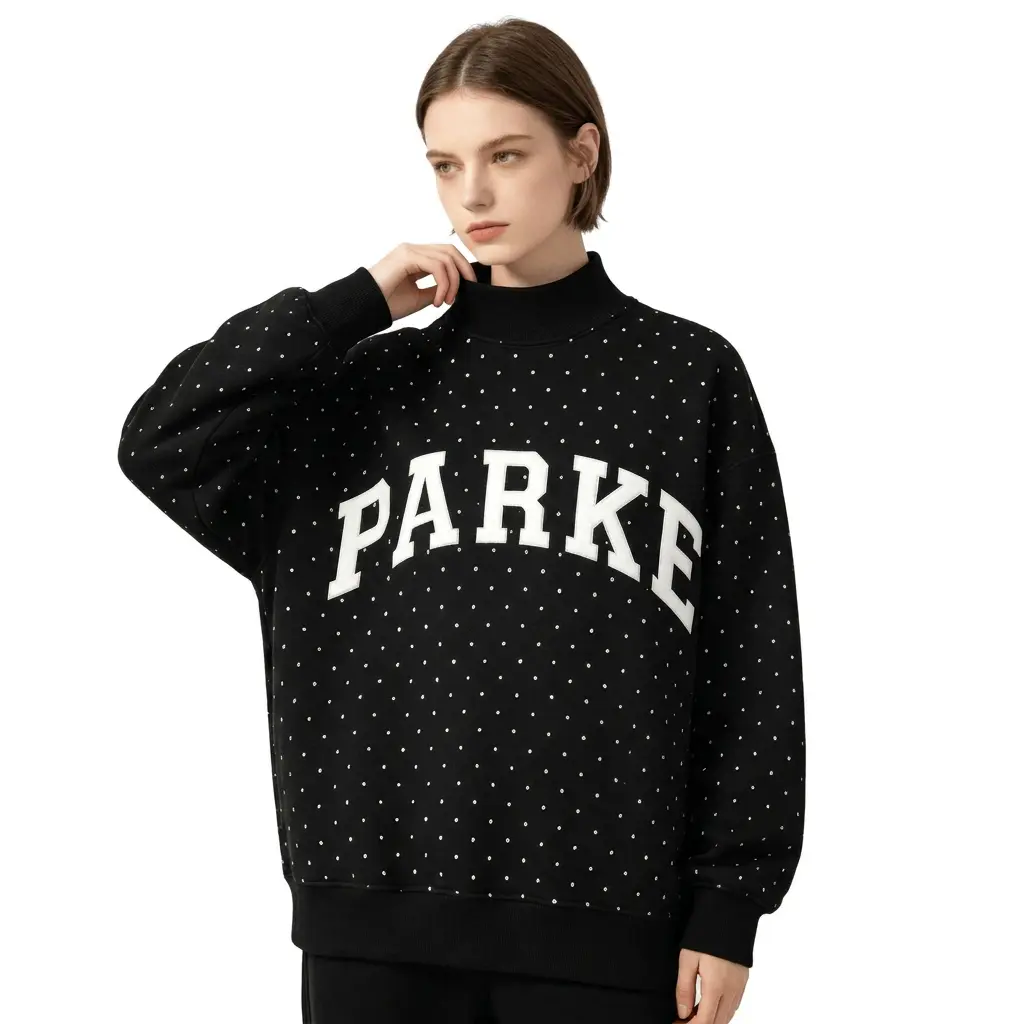 PARKE Women Mock Neck Polka‑Dot Letter Embroidered Sweatshirt, Winter Casual Loose Long Sleeve Sports Pullover Top