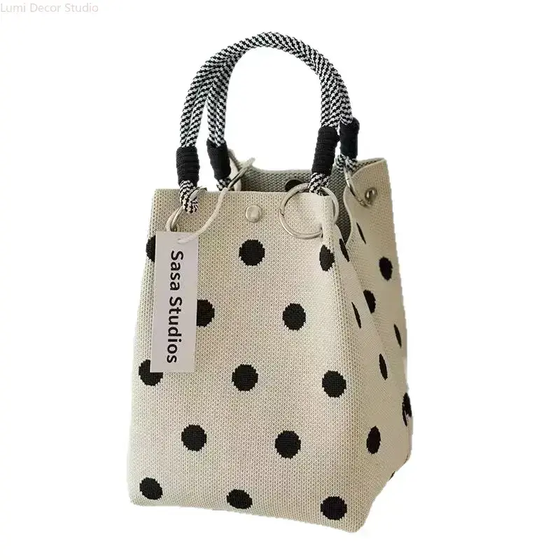 Polka Dot Knit Tote Bag for Women, Minimalist Casual Trendy Purse, Lightweight Shoulder Handbag for Shopping & Everyday Use, Casual Trendy Purses, Fashionable Shopping Purse