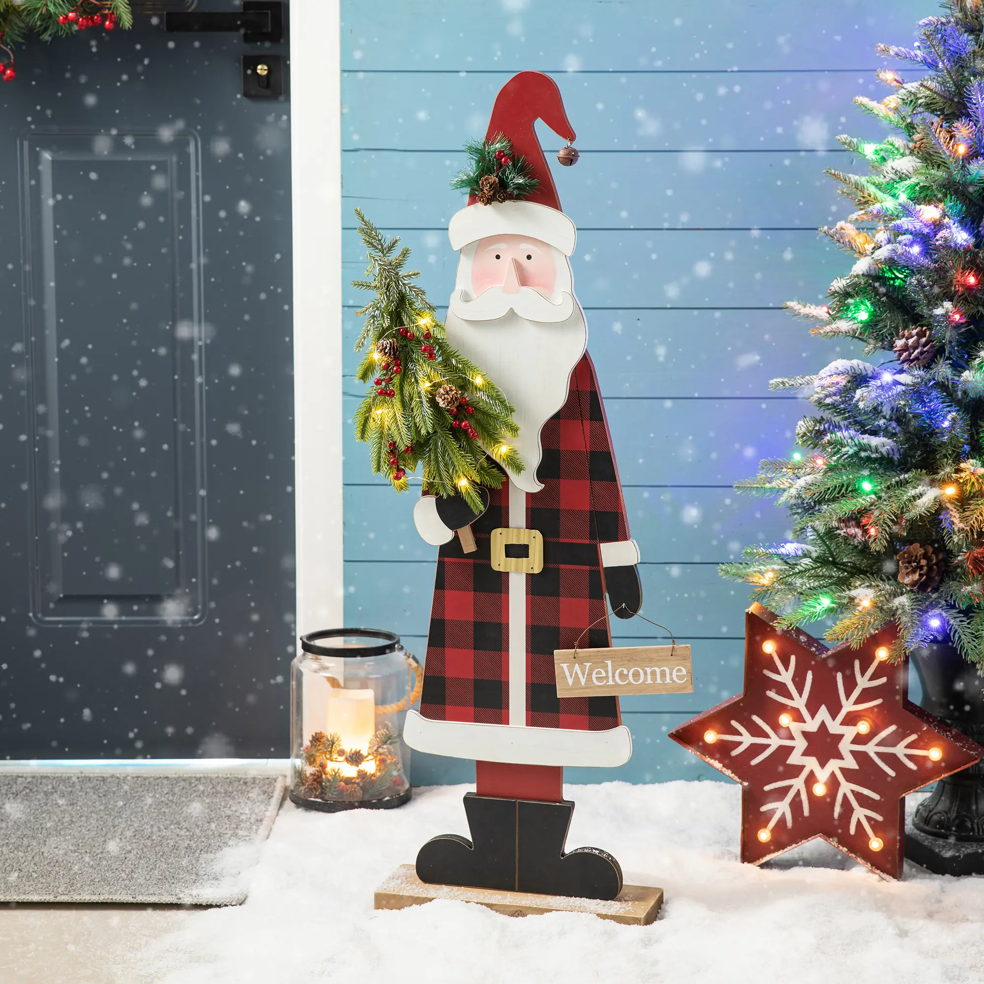 Glitzhome 36"H Lighted Wooden Santa Porch Decor with Timer(KD)