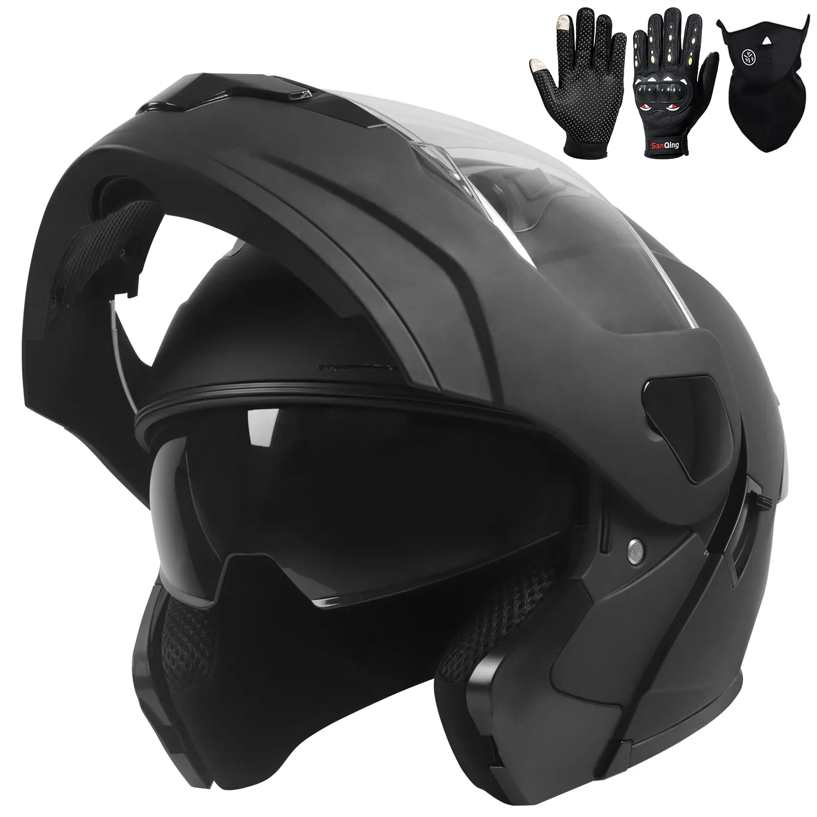 Modular Motorcycle Helmet, Flip Up Full Face Helmet with Dual Visor, DOT Approved Protective Helmet for Men & Women, Street Bike ATV UTV Snowmobile Riding Gear with Gloves & Mask